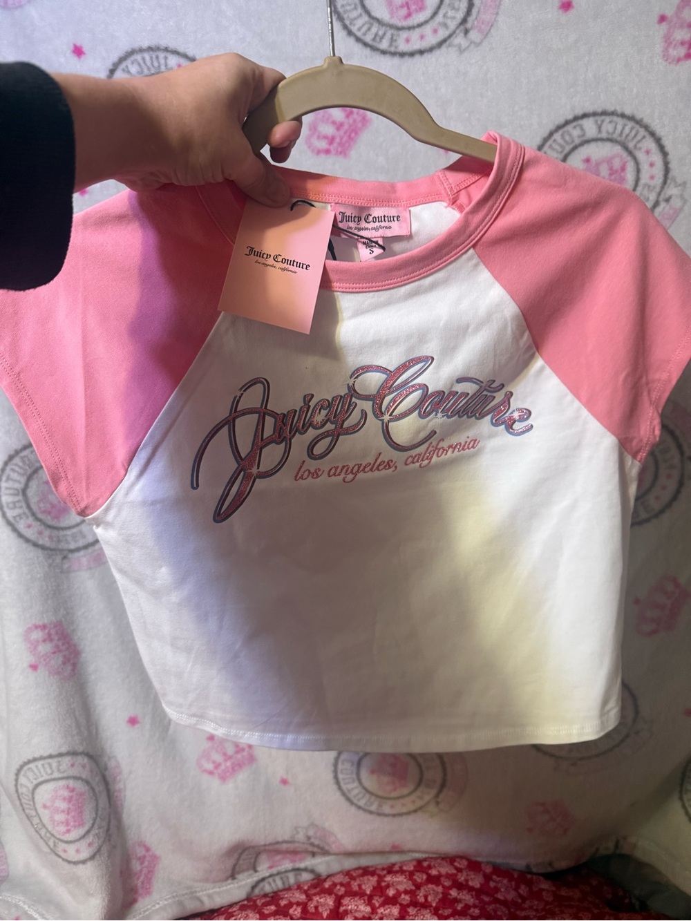 Juicy Couture Pink and White Raglan Logo Tee